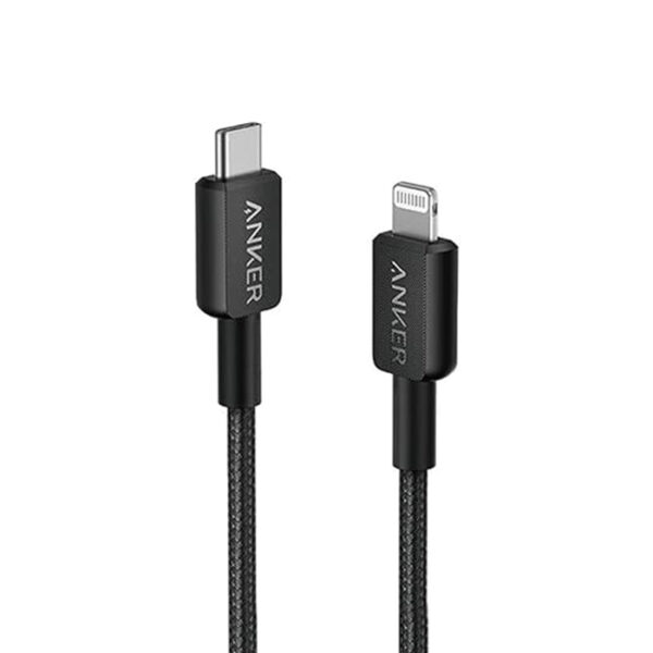 كابل USB نوع C 322 إلى لايتنينج [بطول 90 سم، معتمد من MFi] باورلاين II لأجهزة آيفون 15، 15 برو، 14 برو ماكس، 14، 13، X، XS، XR، 8 بلس، ايربودز برو، باللون الأسود من انكر