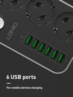 ⁦مشترك كهرباء 3 مقابس و6 منافذ USB من اتش دي بلس، موديل SE3631، لون أسود⁩ - الصورة ⁦2⁩