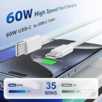 ⁦Appleكابل شحن PD نوع USB C الي النوع C بطول 1 متر بقوة 60 وات لهاتف ايفون 15 / 16 و جميع الهواتف الداعمة تايب سي- أبيض⁩ - الصورة ⁦3⁩