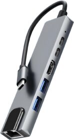 محول 6 في 1 نوع سي الى HDTV مع شبكة محلية LAN وUSB ومنفذين من النوع C - مع دعم 4K من زيرو - فضي