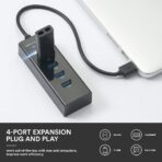 ⁦محول موزع USB 3.0 بـ4 منافذ - بيانات فائق النحافة مع كيبل ممتد بطول 1.2 متر ومؤشر LED متوافق ماك بوك ميني ايباد الكمبيوتر PS4 PS5، ذاكرة فلاش، هارد ديسك المحمول، أسود⁩ - الصورة ⁦3⁩