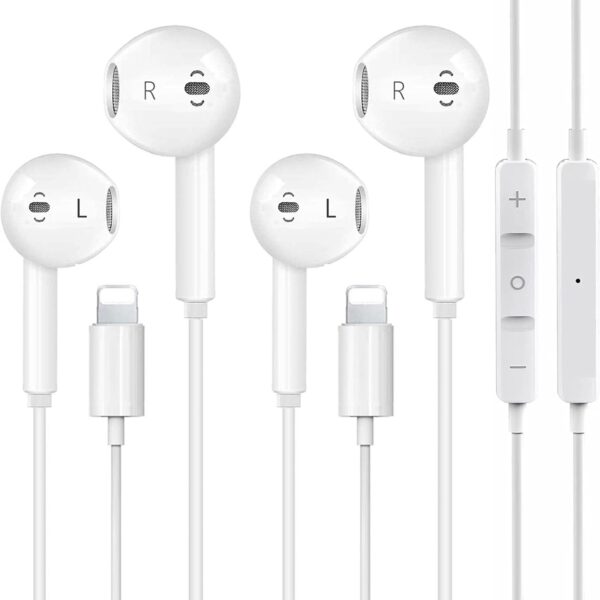 سماعات اذن ابل بسلك لايتنينج وميكروفون مدمج وتحكم في مستوى الصوت [معتمدة من ابل] متوافقة مع ايفون 13 - 12 - 11 - XR - XS - X - 7 - بلس - 8 - تدعم جميع انظمة iOS قطعتين الاذن أبيض
