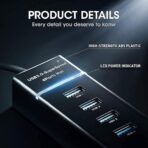 ⁦محول موزع USB 3.0 بـ4 منافذ - بيانات فائق النحافة مع كيبل ممتد بطول 1.2 متر ومؤشر LED متوافق ماك بوك ميني ايباد الكمبيوتر PS4 PS5، ذاكرة فلاش، هارد ديسك المحمول، أسود⁩ - الصورة ⁦5⁩