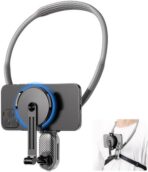 حامل موبايل مغناطيسي يثبت على الرقبة، حامل مصمم لتثبيت الموبايل على الصدر بدون استخدام اليدين لتسجيل الفلوجات وتصوير الفيديو مناسب لموبايل آيفون 15 14 13 12 وموبايلات أندرويد، رمادي