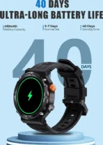 ⁦ساعة Buddy الذكية Crown J2، شاشة لمس LCD مقاس 1.39 بوصة، بلوتوث الإصدار 5.2، مقاومة للماء، بطارية 400 مللي أمبير، سوار سيليكون، أسود .⁩ - الصورة ⁦5⁩