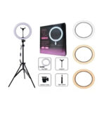 إضاءة حلقية محمولة بتقنية LED مقاس 10 بوصات (26 سم) للتصوير الذاتي، مناسبة للكاميرا والهاتف وتطبيقات تيك توك ويوتيوب. إضاءة مكياج حلقية قابلة للطي وخفيفة الوزن. طولها 7 أقدام. مزودة بثلاثة أوضاع إضاءة LED.