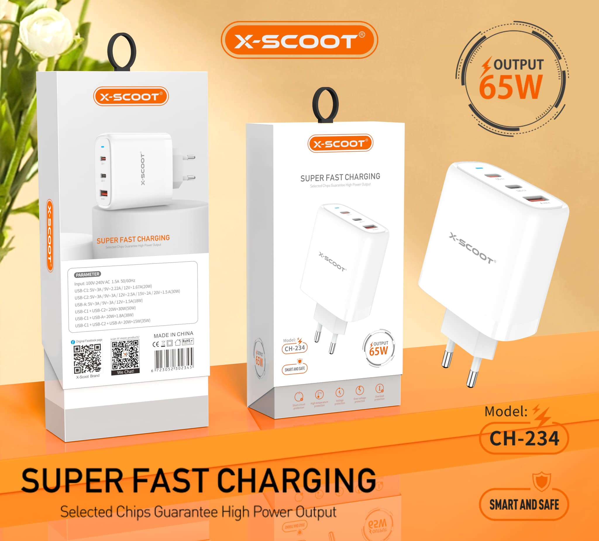 1705859043384421624-707497051398042-8753394803591908075-n شاحن حائط X-Scoot CH-234 مزود بمنفذين PD Type-C + USB 65 وات للشحن السريع - الصورة 1