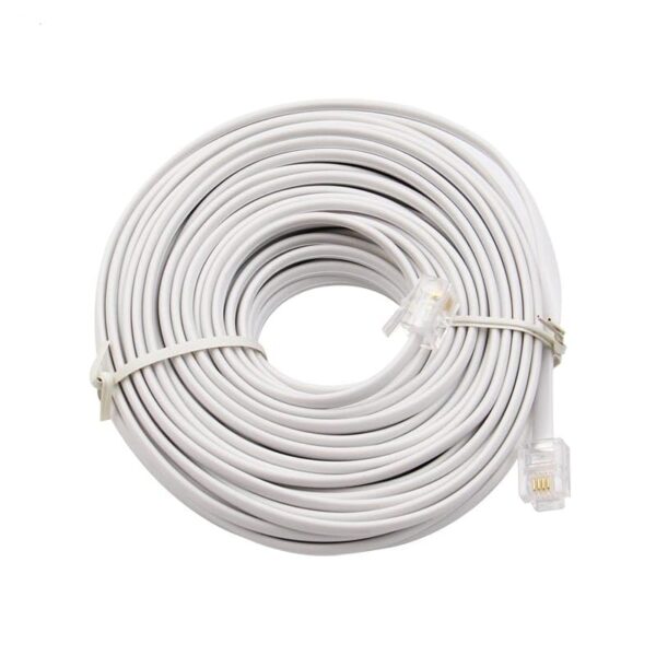 كابل تليفون بطول 15 متر فعلى ابيض اللون RJ11 +كليبسات وافيز بلاستيك للتثبيت، لهاتف ذكي