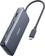 USB C Hub من انكر، باور اكسباند + 7 في 1 محول مع 4k HDMI وتوصيل طاقة 60 وات وايثرنت جيجابت للثانية و2 منفذ 3.0 وقارئ كارت SD-microSD لماك بوك برو 2019-2018-2017-2016 وكروم واكس بي اس، رمادي