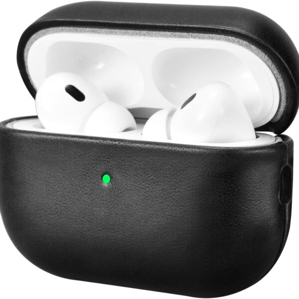 حافظة سماعات واقية من الجلد الممتاز مضادة للصدمات ابل ايربودز 4، حافظة شحن (LED مرئية) تدعم الشاحن اللاسلكي - اسود