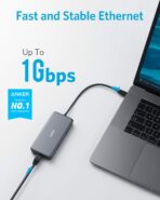 ⁦USB C Hub من انكر، باور اكسباند + 7 في 1 محول مع 4k HDMI وتوصيل طاقة 60 وات وايثرنت جيجابت للثانية و2 منفذ 3.0 وقارئ كارت SD-microSD لماك بوك برو 2019-2018-2017-2016 وكروم واكس بي اس، رمادي⁩ - الصورة ⁦2⁩