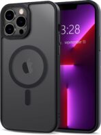 جراب حماية مغناطيسي شفاف مطفي نحيف مضاد للصدمات متوافق مع ماج سيف للجنسين لموبايل آيفون 13 برو ماكس ، لون أسود