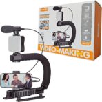 حامل كاميرا فيديو 5 في 1 من بلوكاما (PK-777) مقبض مثبت مع ميكروفون وميكروفون ومجموعة اضاءة LED لأي هاتف ذكي وصانع فيديو احترافي (يو ريج، مصباح LED، حامل ميكروفون)