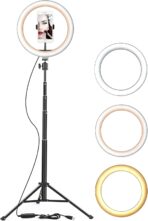 رينج لايت 13 بوصة موديل M-330 بحامل موبايل إضاءة LED ابيض و اصفر3 درجات احترافية للبث المباشر والسيلفي والتجميل شحن USB