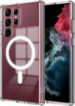 جراب لموبايل سامسونج جالاكسي S22 الترا مغناطيسي شفاف متوافق مع محفظة كروت ماجسيف والشحن اللاسلكي، مقاوم للصدمات بحماية للشاشة والكاميرا من اولي او 7 [يعمل قلم ستايلس]، البولي كربونات