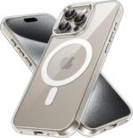 جراب مغناطيسي من جيه اي تيك ممتص للصدمات ومقاوم للخدش بخلفية شفافة لموبايل آيفون 15 برو ماكس 6.7 بوصة متوافق مع الشحن اللاسلكي ماج سيف لون شفاف بولي كربونات يوريثين حراري