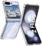 جراب حماية شفاف مغناطيسي لموبايل سامسونج جالاكسي Z فليب 5 بنمط محفظة كروت متوافق مع ماج سيف والشاحن اللاسلكي، جراب شفاف مضاد للصدمات والسقوط ومضاد للاصفرار  (سامسونج جالاكسي Z فليب 5)