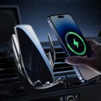 ⁦شاحن سيارة لاسلكي سريع 15 وات، حامل موبايل ذكي يثبت على فتحة التهوية مع دوران 360° بتوافق شامل وآمن لـ آيفون 15/14/13/12/11 وسامسونج جالاكسي S23/S22/S21.⁩ - الصورة ⁦8⁩