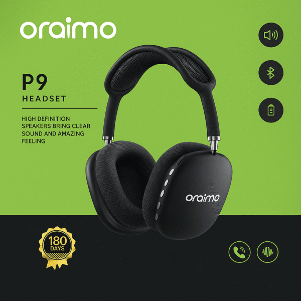 سماعات أوريمو OR-P9 اللاسلكية مع ميكروفون مخفي للارتداء فوق الأذن بصوت ستيريو للألعاب تدعم بطاقة مايكرو تي اف ويمكن ربطها باللاب توب والموبايل والكمبيوتر.