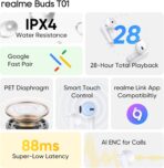 ⁦سماعات اذن لاسلكية T01 من بادز مع تقنية الذكاء الاصطناعي اي ان سي للمكالمات، محرك ديناميكي 13 ملم، بطارية تصل الى 28 ساعة، زمن استجابة 88 ملم، بلوتوث V5.4 وجوجل فاست زوج من ريلمي .⁩ - الصورة ⁦8⁩