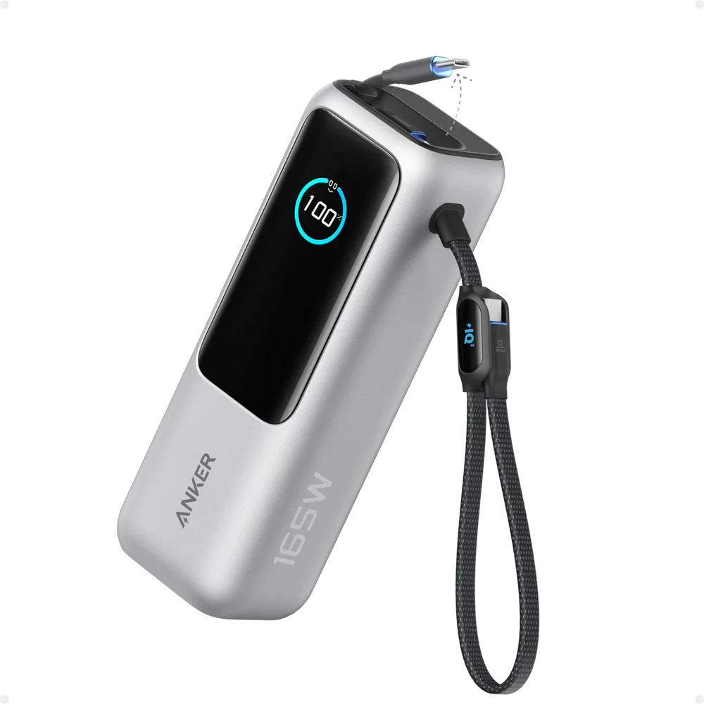 Anker_Laptop_Power_Bank_25K_165W_Built-In_and_Retractable_Cables_Silver._1000x شاحن باور بانك Anker Zolo A1695H11 (25 ألف مللي امبير 165 واط، USB نوع C مدمج وكابل قابل للسحب) شاحن محمول عالي السرعة 1 USB-C، 1 USB نوع A. - الصورة 1