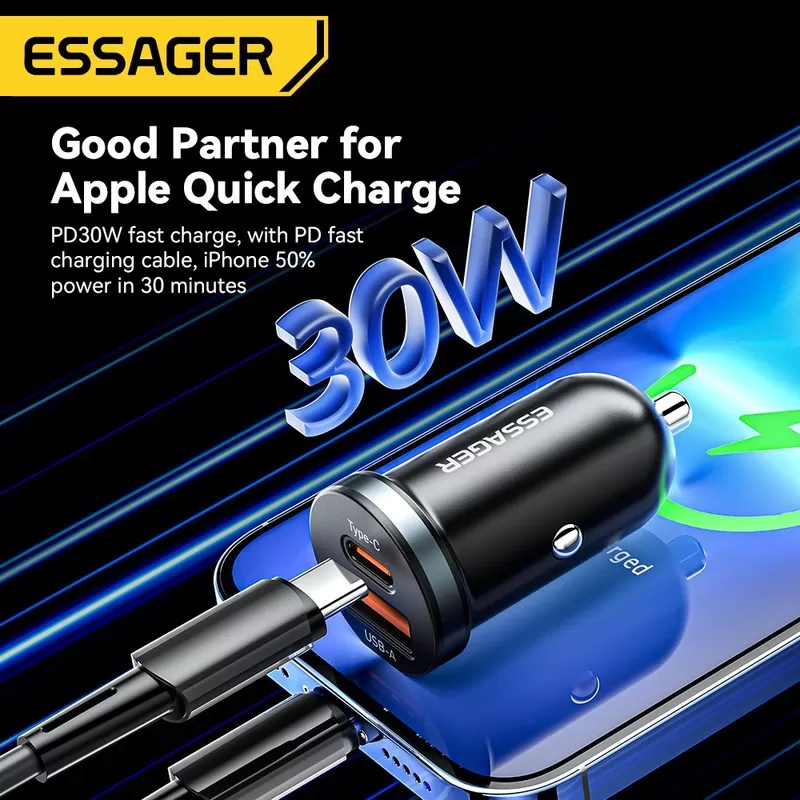 ⁦ESSAGER ES-CC12 السلسلة 30W نوع C منفذ شحن السيارة USB A⁩ - الصورة ⁦3⁩