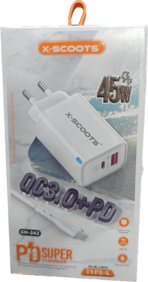 شاحن سوبر اكس سكوت سريع، 45 وات، كابل تايب سي، ابيض، Ch-242 .