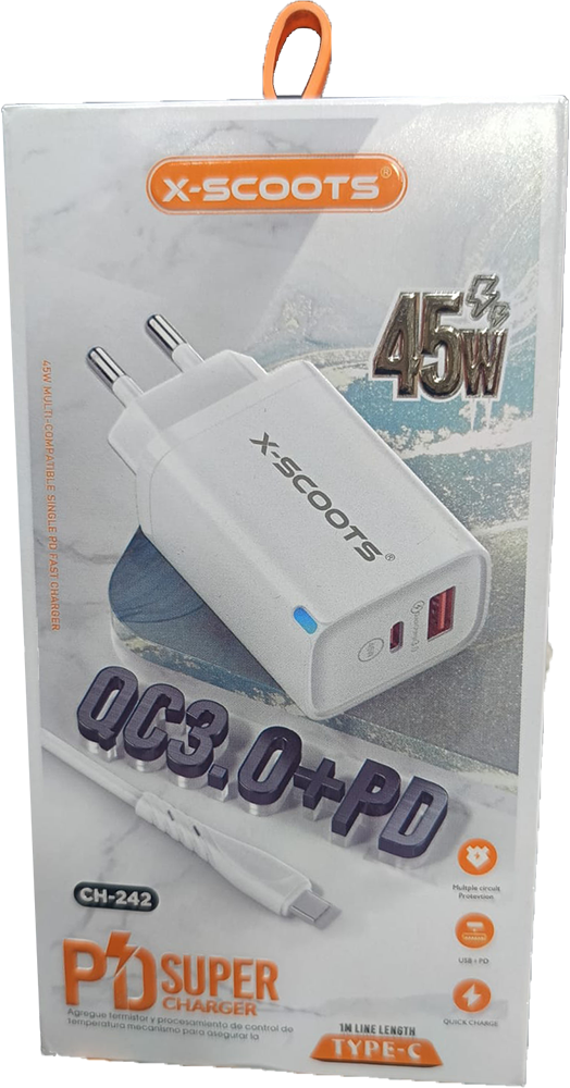 242-1 شاحن سوبر اكس سكوت سريع، 45 وات، كابل تايب سي، ابيض، Ch-242 . - الصورة 1