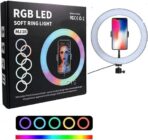 ⁦حلقة اضاءة LED RGB ناعمة MJ38 - حلقة اضاءة قابلة للتعتيم مقاس 10 انش مع حامل ثلاثي القوائم وحامل جوال، 3 اوضاع الوان و10 مستويات سطوع، تعمل بمنفذ USB، حامل قابل للتعديل للمكياج وتيك توك ويوتيوب والبث .⁩ - الصورة ⁦8⁩