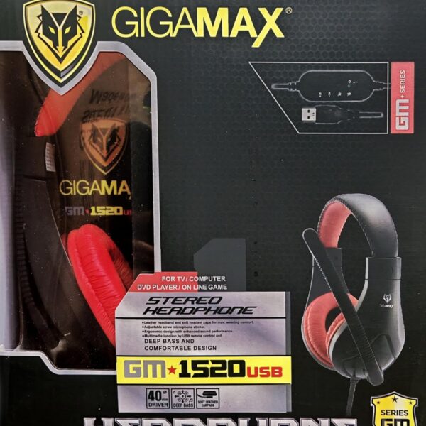 سماعة رأس GM-1520 USB مصنوعة من الجلد بتصميم مريح فوق الأذن من جيجاماكس، أسود وأحمر