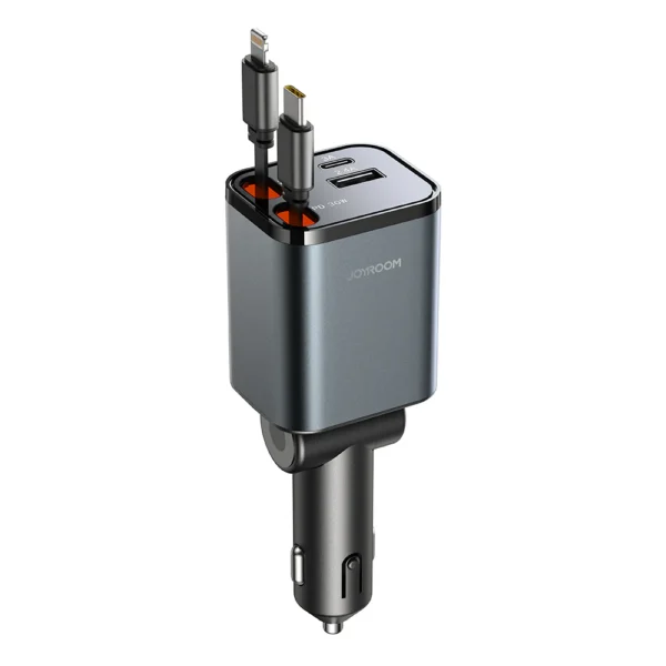 شاحن سيارة قابل للسحب JR-CCL05 من جوي روم، تصميم 4 في 1 فائق الصغر – يحتوي على منفذين USB ومنفذ نوع سي، مع شحن سريع وتصميم موفر للمساحة، متوافق مع أجهزة الموبايل والتابلت الذكية .