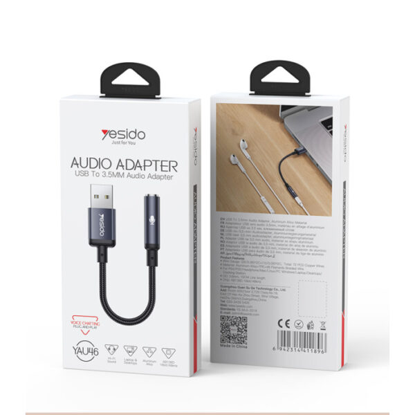 كابل صوت عالي الجودة من سبائك الألومنيوم YAU46، USB إلى 3.5 ملم، بتردد عينة 48 كيلو هرتز من yesido .
